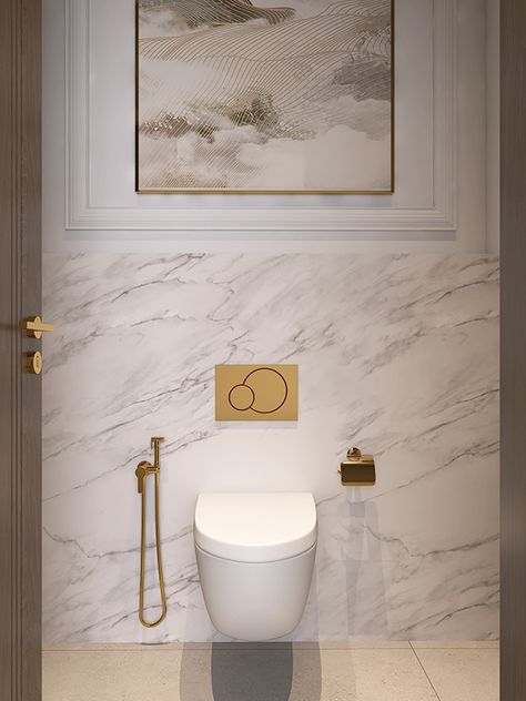 Luxurious powder room on Behance Bathroom Ideas Powder Rooms, Guest Toilet Luxury, Luxury Powder Room Ideas, Powder Room Luxury, Powder Room Ideas Elegant Modern, Luxurious Powder Room, Luxury Guest Bathroom Ideas, Luxury Guest Bathroom, Elegant Powder Room