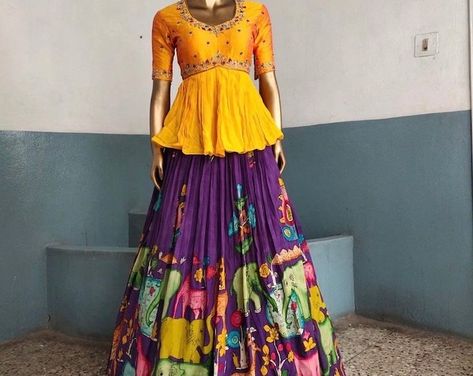 Buy Kalamkari Bridal Lehanga/ Skirt / Indian Dress/lehanga Crop Top/ Wedding Collection/indian Partywear Dress Online in India - Etsy Skirt Indian, Kalamkari Dresses, Crop Top Lehenga, Bridal Sarees South Indian, Half Saree Lehenga, Partywear Dresses, Saree Lehenga, Bridal Sarees, Indian Dress