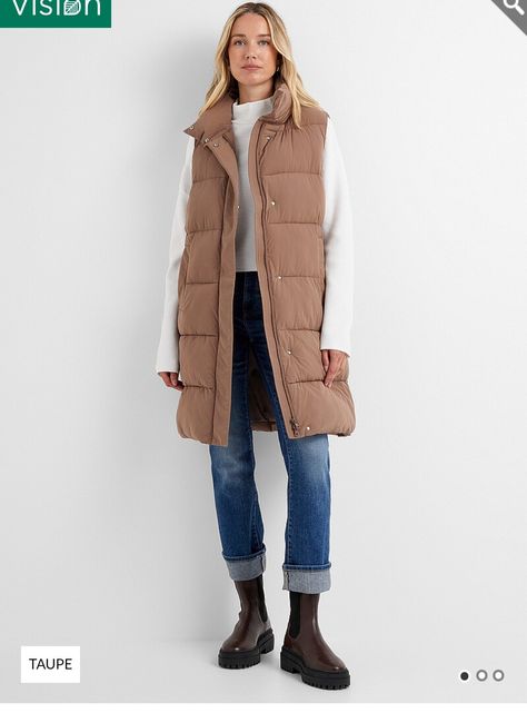 Long Vest Outfits For Women, Long Puffer Vest Outfit, Puffer Vest Women, Vest Outfits For Women, Layered Outfits, Fall Vest, Quoi Porter, Womens Puffer Vest, Long Vest