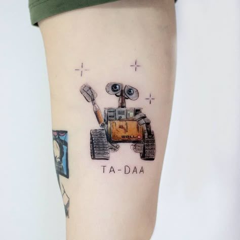 Hakan Adik on Instagram: “Wall-E 🎬” Wall E Tattoo Disney, Small Pixar Tattoos, Wall E Tattoo Design, Walle Tattoo Disney, Walle And Eve Tattoos, Disney Pixar Tattoos, Cartoon Tattoos Disney, Pixar Tattoo Ideas, Up Tattoo Disney