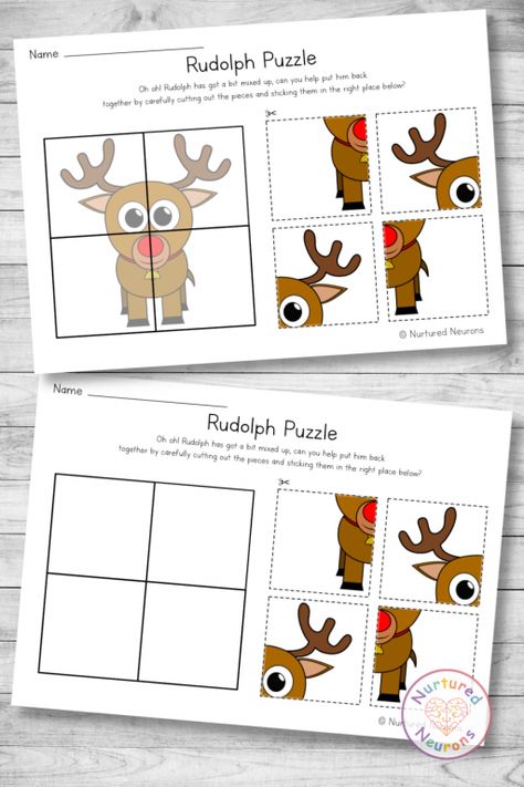 Printable Rudolph Puzzle – Preschool Cut And Paste Worksheet - Nurtured Neurons Reindeer Activities Preschool, Simple Christmas Activities, Christmas Cut And Paste, Reindeer Activities, Puzzle Preschool, Gingerbread Reindeer, Phonics Printables, Christmas Puzzles, Cut And Paste Worksheets