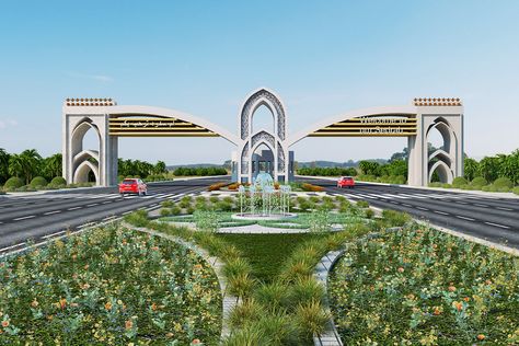 Town's gate entrance on Behance Resort Gate Design Entrance, City Gate Design, Entrance Gates Design Architecture, Gate Lighting Ideas, Entrance Arch Design, Gate Entrance, Gate City, Gate Wall Design, Gate Designs Modern