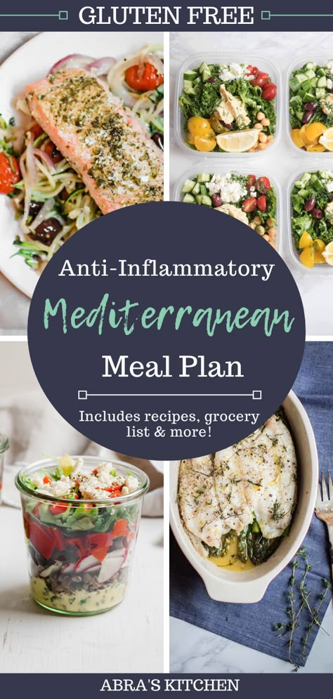 A 7 day healthy and supportive anti-inflammatory meal plan. With wholesome delicious recipes that are gluten free. PDF download with grocery list available. Mediterranean Meal Plan, Inflammation Diet Recipes, Mediterranean Diet Food List, Mediterranean Diet Recipes Dinners, Anti Inflammation Recipes, Inflammation Diet, Mediterranean Diet Meal Plan, Easy Mediterranean Diet Recipes, Mediterranean Diet Plan