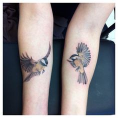 Yellow Finch Tattoo, Wren Tattoos, Finch Tattoo, Chickadee Tattoo, Grandma Tattoo, Tattoo Couples, Tiny Bird Tattoos, Chickadee Art, Yellow Finch