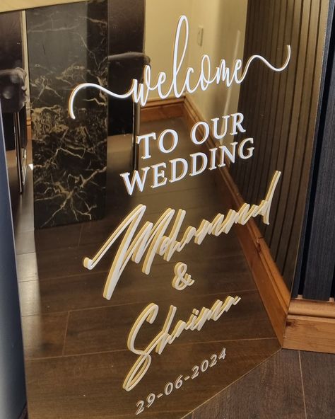 Gold Mirror acrylic sign adding that elegant touch to your beautiful day. 💫Reflective Surface: The gold mirror finish offers a highly reflective, luxurious look. 💫Durability: Made from high-quality acrylic, it’s more durable and shatter-resistant than traditional glass mirrors. 💫Customization: Easily customizable with different fonts, designs, and sizes to suit your needs. #weddingsigns #nikkahsign #wedding2024 #nikkahwelcomesign #nikkahdecor #nikkahideas #weddingsignshandmade #weddingin... Acrylic Wedding Welcome Sign, Gold Mirror Acrylic, Engagement Signs, Acrylic Signage, Entrance Sign, Islamic Wedding, Mirror Acrylic, Acrylic Wedding, Wedding Welcome Sign