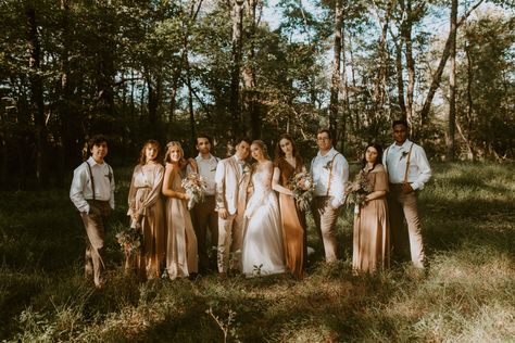 Moody wedding set in the woods #bride #groom #wedding #bohowedding #intimatewedding #woods #forest #bridesmaids #groomsmen #weddingideas Forest Bridal Party, Moody Vintage Wedding Photos, Moody Bridesmaid Photos, Hobbit Groomsmen, Forest Wedding Bridal Party, Forest Bridesmaids, Moody Wedding Dress, Woods Wedding Photos, Bridal Party Shots