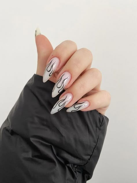 Flame Tip Nails Almond, Almond Nails Designs Flame, Fire Nails Designs Almond, Nails With Fire Flames, Edgy Nails Almond Shape, Flame Nails Acrylic Almond, Almond Fire Nails, Almond Nails With Flames, Flame Outline Nails