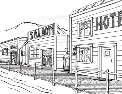 Town Drawing Easy, Old Town Drawing, Town Coloring Pages, Cowboy Draw, Cowboy Town, Town Drawing, Old Western Towns, Old Town Road, Old West Town