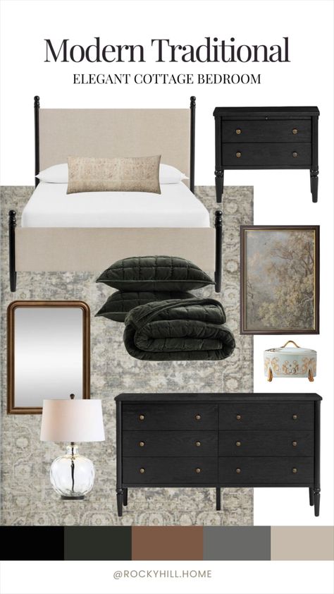 Chris Loves Julia Modern … curated on LTK Black Dresser And Nightstand, Chris Loves Julia Bedroom, Green Primary Bedroom, Traditional Modern Bedroom, Cream Upholstered Bed, Nightstand Gold, Quince Green, Pottery Barn Bedroom, Black And Cream Bedroom