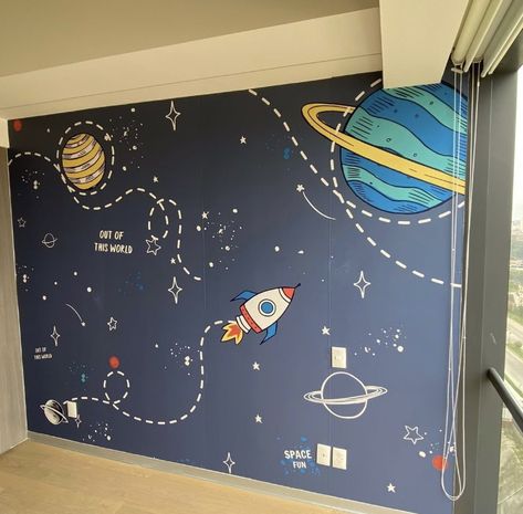 Space Themed Bedroom Toddler, Wall Painting Ideas For Kids, Space Wall Painting, Kids Hangout Room, Space Themed Bedroom, Easy Diy Room Decor, Baby Room Themes, Room Wall Painting, Murals For Kids