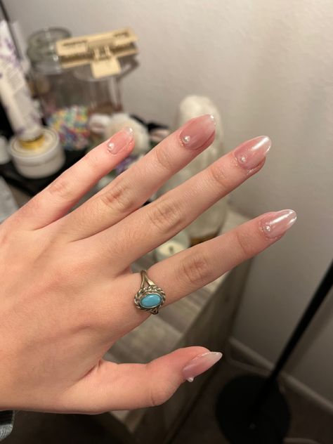 #nails glazed donuts nails, hailey bieber, pearl nails, chrome, gems, rhinestones Glazed Nails With Rhinestones, Chrome Gem Nails, Chrome And Gem Nails, Chrome Rhinestone Nails, Pearl Gem Nails, Glazed Donuts Nails, Nails Hailey Bieber, Glazed Nails, Glazed Donut Nails