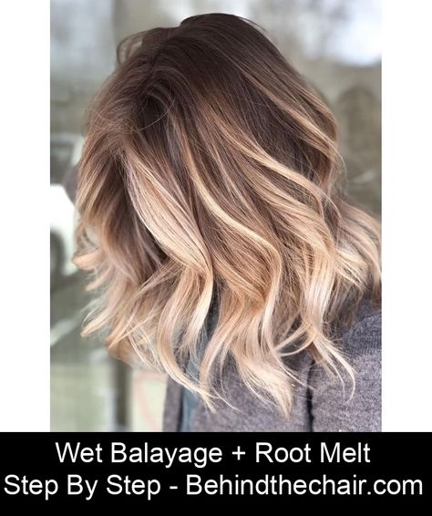 Wet Balayage + Root Melt - Behindthechair.com How to do a wet balayage plus stretched root melt with step by step photos by @camouflageandbalayage Root Melt Dark Blonde, Root Melt Straight Hair, Melted Blonde Hair Balayage, Balayage Hair Brunette With Blonde Medium Length, Root Melt Brunette To Blonde Short Hair, Dark Root Melt, Color Melt Brunette To Blonde, Partial Balayage Vs Full Balayage, Root Melt Balayage