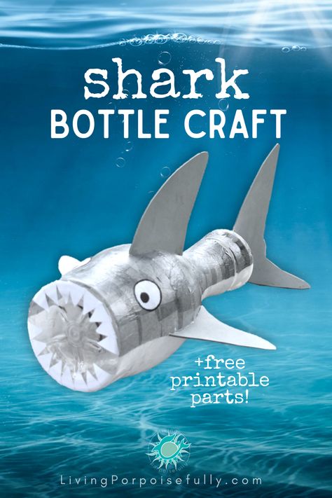 Cute 3D shark craft activity idea for kids using a recycled or upcycled plastic bottle! You can even use it as a night light or piggy bank. Great for an ocean unit, shark birthday party, classroom or summer craft. Video tutorial and free printable shark parts included, plus science learning! From children's book author Everett Taylor at LivingPorpoisefully.com. Sharks Crafts, Shark Crafts For Kids, Animals And Habitats, Sea Creatures Crafts, Shark Week Crafts, Shark Crafts, Ocean Activity, Recycled Bottle Crafts, Ocean Zones