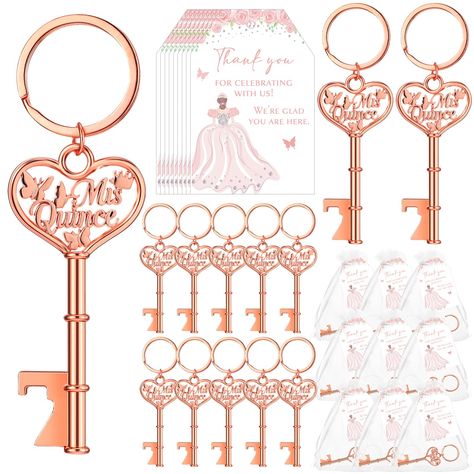 PRICES MAY VARY. Comprehensive Quinceanera Party Favors Set: this complete set of quinceanera party favors include 25 butterfly keychain bottle openers, 25 thank you tags, and 25 organza bags, beautifully packaged to meet your gifting needs; Each piece coordinates perfectly, creating a worthy complement to your celebration Quality Materials: the butterfly keychain bottle openers are primarily made from alloy which offers rust resistance and prevents easy wear or fading, ensuring durability; Addi Quinceanera Party Favors Sweet 15, Thank You Gifts For Quinceanera Court, Quinceanera Thank You Favors, Thank You Quinceanera Party Favors, Quinceanera Favors Keychain, Quinceanera Party Favors, Sweet 16 Party Favors, Quinceanera Gifts, Pink Quince