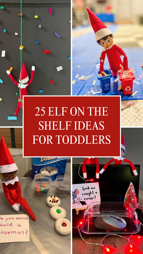 Creative and adorable Elf on the Shelf ideas for toddlers, including playful setups like climbing Lego walls, recycling fun, and festive snacks for endless holiday excitement. Toddler Elf On The Shelf Ideas Simple, Elf On The Shelf Ideas For Four Year Old, Elf Toddler Ideas, Toddler Elf Ideas, Elf On The Shelf Ideas Toddler Boy, Easy Toddler Elf On The Shelf Ideas, Elf On Shelf For Toddlers, Elf On Shelf Toddler Ideas, Simple Elf On The Shelf Ideas Toddlers