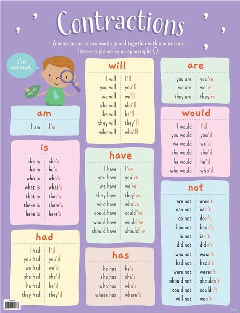 Beautiful Charts For School, English Contractions, English Teaching Aids Ideas, Contractions Anchor Chart, Contractions Worksheet, English Charts, Ingles Kids, Basic English Grammar Book, English Grammar Notes