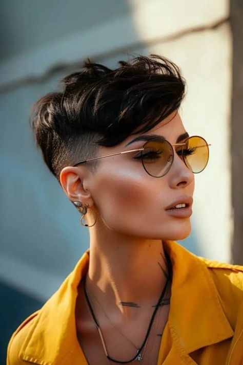 Short Fade Haircut For Women, Fade Haircut For Women, Pixie Fade, Hair Refresh, Short Fade Haircut, Highlight Ideas, Blonde Streaks, Short Brown Hair, Edgy Short Hair