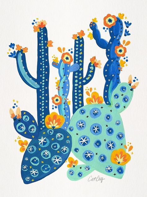 "Cactus Garden Acrylic – Blue" by Cat Coquillette | Redbubble Painting Folk Art, Cat Coquillette, Cactus Illustration, Cactus Painting, Stella Marina, Blue Poster, Fold Envelope, Cactus Garden, Prickly Pear