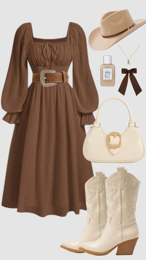 #vintage #modestfashion #vintageaesthetic #summer #outfit #outfitinspo #western #cute #brown #neutral #dress #brownaesthetic #cowboyboots #churchoutfit Women's Spring Outfits, Trajes Country, Neutral Dress, Modesty Outfits, Western Wear Outfits, Cute Modest Outfits, Looks Country, Cute Dress Outfits, Western Outfits Women