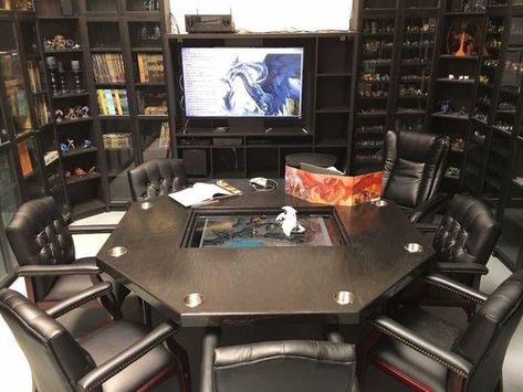 Ttrpg Room Ideas, Table Top Gaming Room, Ttrpg Game Room, Custom Dnd Table, D&d Game Room, Tabletop Game Room, D&d Room, Dnd Game Room, Dnd Setup