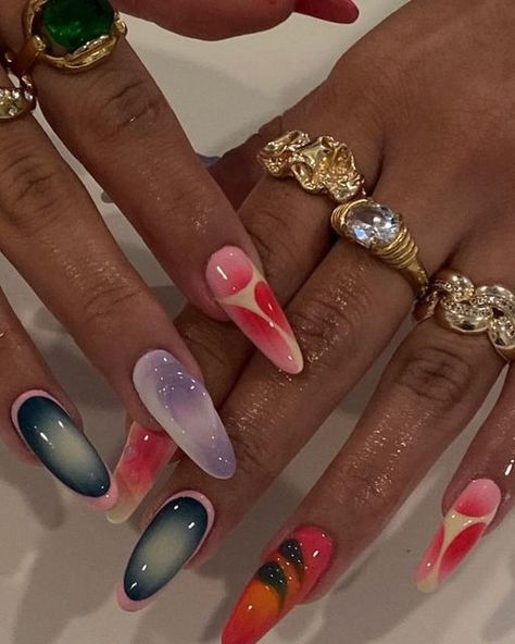 MELANIN MOI on Instagram: "From the colors to the shapes, abstract nail art has taken over and we’re SO here for it. Swipe for some inspo for your next nail appointment 💅🏾✨" Nail Art Collage, Abstract Nail Art Almond Shape, Dope Nails Summer, Colorful Abstract Nails, Nail Inspo Abstract, Nail Art Designs 2024, Abstract Almond Nails, Summer Abstract Nails, Abstract Summer Nails