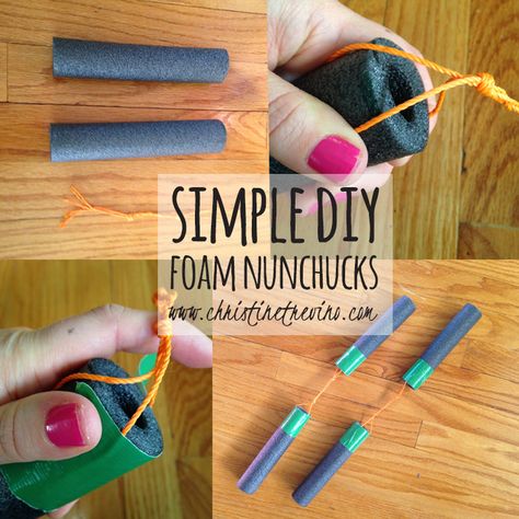 DIY Foam Nunchucks Pool Noodle Nunchucks, Diy Nunchucks, Ninja Party Favors, Teenage Mutant Ninja Turtles Activities, Ninja Turtles Party Favors, Ninja Birthday Party, Ninja Turtle Party Favors, Ninja Birthday Party Ideas, Ninja Activities