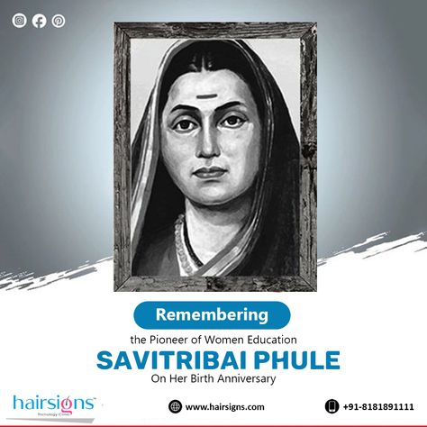 Tributes To India's First Female Teacher And Social Reformer "Krantijyoti Mata Savitribai Phule Ji" On Her Birth Anniversary! - Team Hairsigns #SavitribaiPhule #SavitriBaiPhuleJayanti #Education #womenempowerment #SocialReforme #empowerment #hairsignstrichologyclinic #hairsigns #hairtransplantclinic Savitribai Phule Birth Anniversary, Savitri Bai Phule Jayanti, Savitri Bai Phule, Savitribai Phule Jayanti, New Year Wishes Video, Savitribai Phule, Women Education, Female Teacher, India First