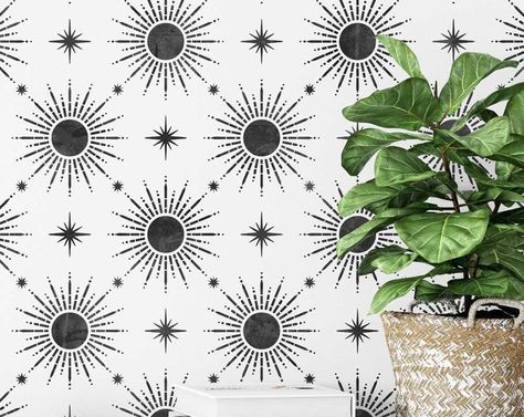 Retro wall stencil - Etsy Celestial Stencil, Cabin Colors, Stylized Sun, Cosmic Design, Large Wall Stencil, Mural Stencil, Geometric Stencil, Stencil Decor, Wallpaper Stencil