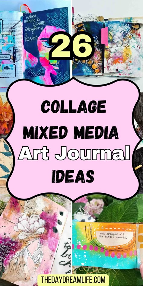 26 Mixed Media Art Journal Ideas For Creativity. Collage Art Mixed Media Ideas, Creative Collage Ideas, Mixed Media Journal Cover, Art Crafts Ideas, Art Journaling Techniques, Collage Travel, Art With Paper, Collage Books, Mixed Media Backgrounds