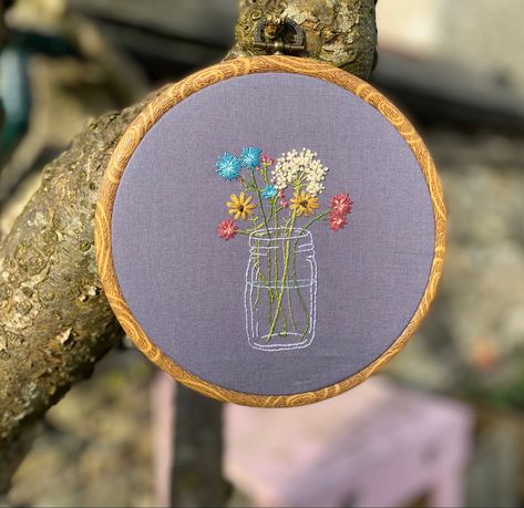 Flower Pot Embroidery, Mason Jar Embroidery, Jar Embroidery, Flowers In A Jar Embroidery, Plant Pot Embroidery, Embroidery Art, Flower Vases, Glass Jars, Wild Flowers