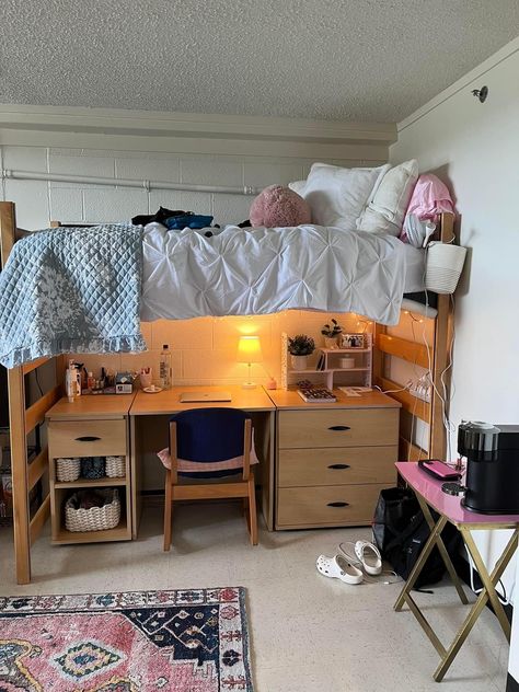 Dorm Room High Bed Ideas, Dorm Bunk Bed Ladder, Lofted Bed With Desk Underneath Dorm, Storage Under Loft Bed College Dorms, Dorm Room Sofa, Dorm Room Desk Under Bed, College Loft Dorm Room Ideas, College Dorm Room Ideas Desk Under Bed, Loft Dorm Bed Ideas