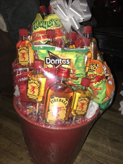 Fireball Gift Basket Spicy Basket Ideas, Fireball Birthday Gift, Prize Gift Basket Ideas, Booze Basket Ideas Fun, Fireball Gift Basket, Fireball Gift Ideas, Fireball Birthday, Alcohol Baskets, Coach Gift Basket