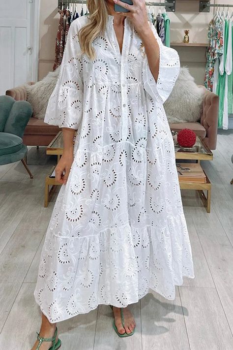 Top In Pizzo, Ruffle Long Dress, Shirt Dress Summer, Western Outfit, Style Français, Flare Sleeve Dress, Spring Fabric, Loose Outfit, Spring Summer Dress