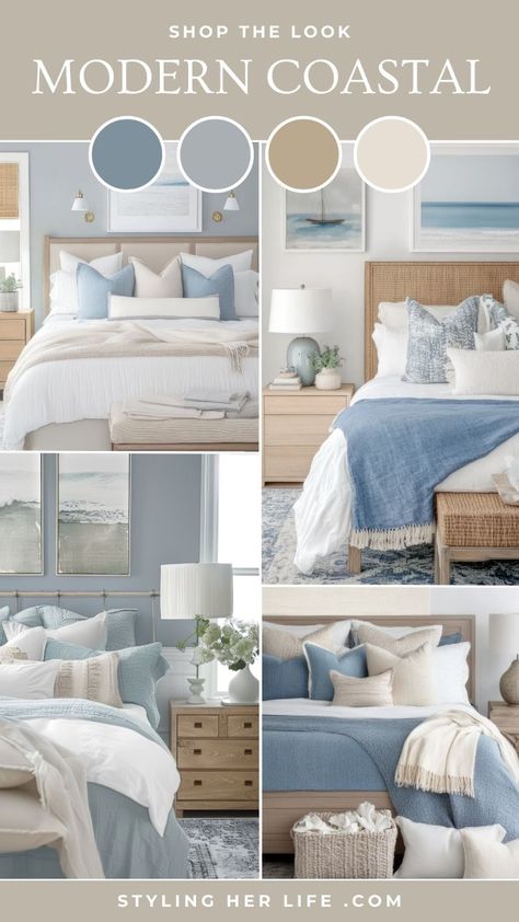 Get a comprehensive look at how to design a modern coastal bedroom that takes full advantage of natural light and soft textures. From the placement of mirrors to the choice of sheer curtains and soft bedding, find out how to enhance the airy and relaxing qualities of your bedroom with our detailed guide. Coastal Bedrooms With Grey Walls, Light Blue And Taupe Bedroom, Light Blue Decor Bedroom, Coastal Sheer Curtains, Small Beach House Interior Coastal, Coastal Blue Decor, Modern Costal Bedroom Idea, Coastal Interiors Design Bedroom, Coastal Bedroom Blue Walls