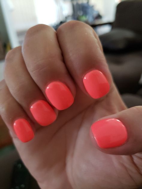 Dip Powder Nails For Beach, Coral Dipped Nails, Neon Nails Dip Powder, Melon Nail Color, Bright Coral Summer Nails, Mail Colors 2023 Summer, Beach Nails Vacation Simple Dip, Coral Dip Nails, Short Coral Nails