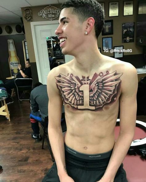 Lamelo Ball Chest Tattoo, 1 Of 1 Tattoo, Liangelo Ball, Army Tattoos, Cool Chest Tattoos, Pieces Tattoo, Lonzo Ball, Chest Piece Tattoos, Chest Tattoos For Women