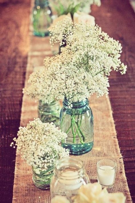 Breathless Table Décor Babies Breath, Baby's Breath, Mason Jars, Burlap, Shower, Flowers