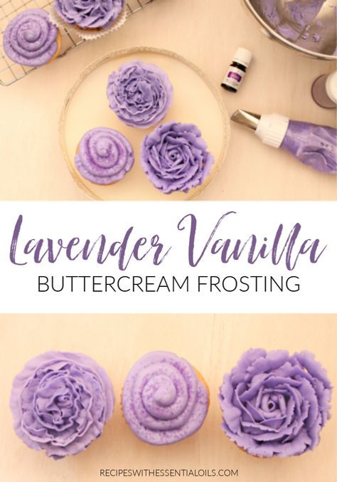 Buttercream frosting is good, but Lavender Vanilla Buttercream is even better! This frosting recipe is decadent and rich with a hint of floral. Add it to cupcakes, cakes, and cookies. This recipe is a keeper!  #essentialoilrecipes #vitalityrecipes #frosting #buttercreamfrosting #lavender #lavenderrecipes #cupcakes #buttercream #RWEO #essentialoils Grape Jelly Buttercream Frosting, Lavender Frosting Color, Lavender Icing Recipe, Lavender Swiss Meringue Buttercream, Lavender Vanilla Cake, Vanilla Lavender Cupcakes, Lavender Buttercream Frosting, Ash Cash, Lilac Buttercream