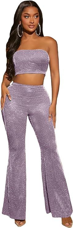 Amazon.com: WDIRARA Women's 2 Piece Outfit Glitter Crop Bandeau Tube Top and Flare Leg Party Pants Set Lilac Purple Medium : Clothing, Shoes & Jewelry Sparkly Two Piece Set, Sparkly Two Piece, Glitter Outfits, Flare Pants Set, 2 Piece Outfit, Party Pants, Two Piece Pants Set, Flare Leg Pants, Cute Sets