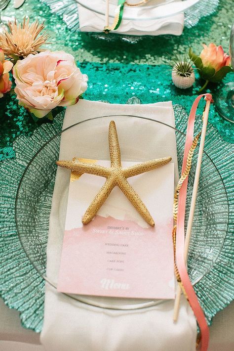 Little Mermaid Themed Wedding, Mermaid Wedding Ideas, Mermaid Themed Wedding, Mermaid Bridal Showers, Under The Sea Wedding, Little Mermaid Wedding, Disney Themed Wedding, Ariel Wedding, Deco Disney