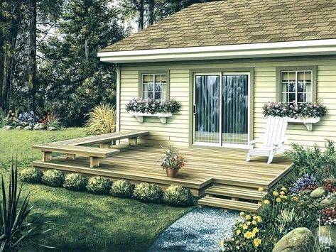 Deck With 2 Doors, Adding Free Floating Deck To Brick House, Short Wide Backyard, Backyard New Build, 12x12 Deck Plans Lowe's, Simple Deck Stairs, Craftsman Back Deck, Small Backyard Decks, Patio Deck Designs