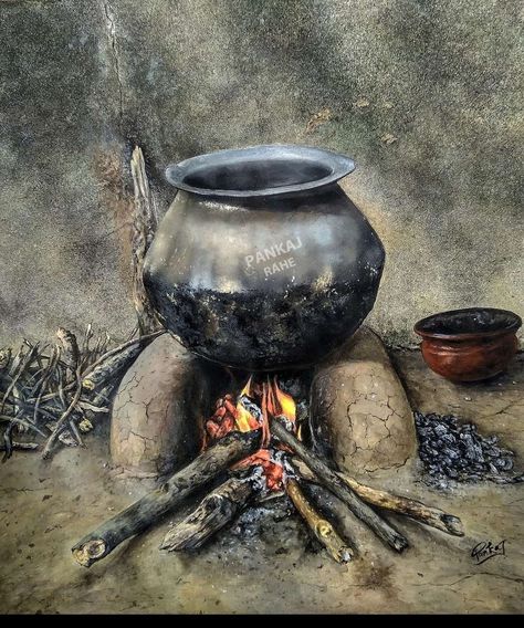 Detailed and realistic painting Realistic Drawings Watercolor, Still Life Drawing Colour, Tamilnadu Culture, Penting Art, Realistic Acrylic Painting, Indian Kitchen Utensils, Watercolor Scenery Painting, Color Still Life, Traditional Poster