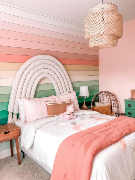 Accent walls can can totally make a room. HGTV Magazine shows you how. Boho Rainbow Accent Wall, Rainbow Slat Wall, Toddler Rainbow Room, Boho Childrens Room, Fun Girls Bedroom, Aria Bedroom, Pastel Girls Room, Apartment Remodel, Rainbow Bedroom