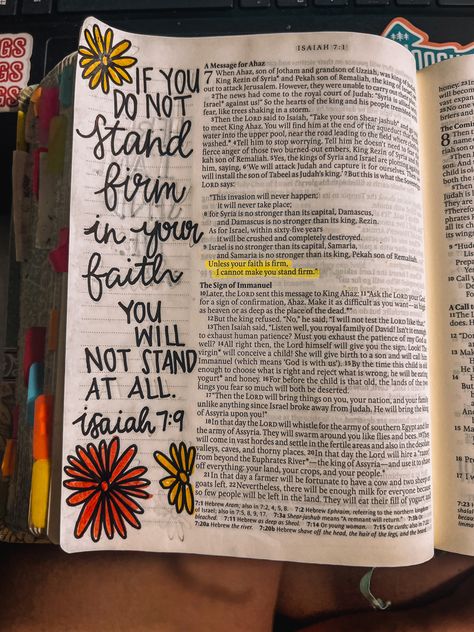 bible journaling page. Isaiah 7:9. Bible Art. Bible. Devotional. Christian. Christianty. Bible Study. #bible #biblestudy #biblejournaling #bibleverses #aesthetic #art #christianity #christianliving #christianblogger #christiangirl Isaiah 7:9, Bible Pages Aesthetic, She Reads Truth Bible Journaling, Isaiah Bible Journaling, Isaiah Bible Study, Bible Recap, Studying Scripture, She Reads Truth Bible, Isaiah Bible