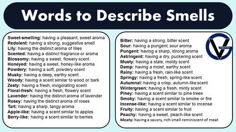 Words To Describe Scent, Scents For Characters, Words To Describe Smell, Scent Description Writing, Describing Scents Writing, Literature Devices, How To Smell Good, Good Adjectives, Job Coaching