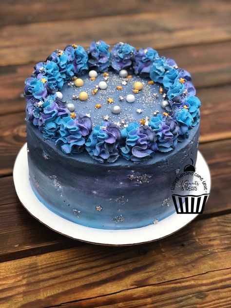 A gorgeous galaxy cake with fresh whipped cream, sprinkles, and bling! #7sweetsandtreats #7sweetsandtreats_by_lee #galaxycake  #thirdshiftbakery Star Wars Buttercream Birthday Cake, Galaxy Smash Cake, Acotar Cake Ideas, Galaxy Sheet Cake, Outerspace Cakes, Galaxy Cake Birthday, Galaxy Cake Ideas, Whipped Cream Cake Design, Space Cake Ideas