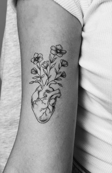 Tattoo Of Heart With Flowers, Human Heart And Flowers Tattoo, Anatomical Heart Vase Tattoo, Heart Blooming Flowers Tattoo, Growing Heart Tattoo, Heart W Flowers Tattoo, Heart With Flowers Growing Out Of It, Organ Tattoo Ideas, Flowers Growing Out Of Heart Tattoo