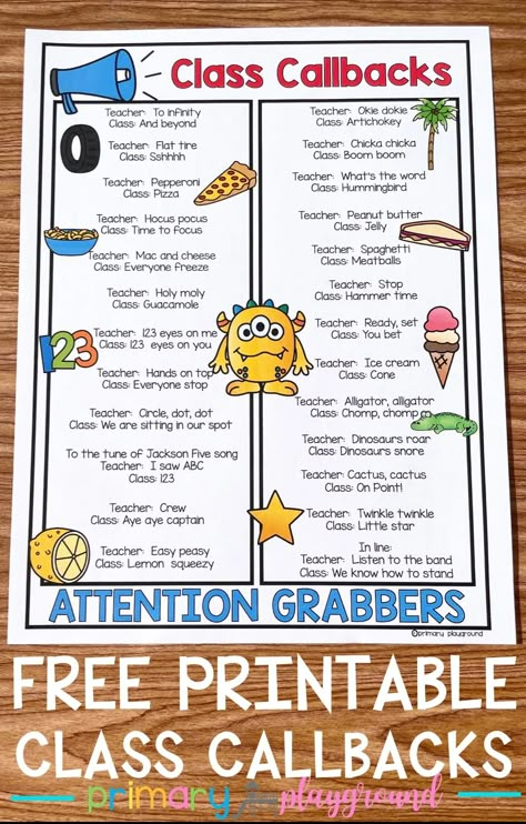 Looking for some new ways to get the attention of your class? Here are 25 Class Callbacks-Attention Grabbers ideas for you to try out! Classroom Attention Grabbers, Classroom Chants, Transition Activities, Classroom Management Elementary, Teaching Classroom Management, Transitional Kindergarten, Attention Grabbers, Attention Getters, Classroom Strategies