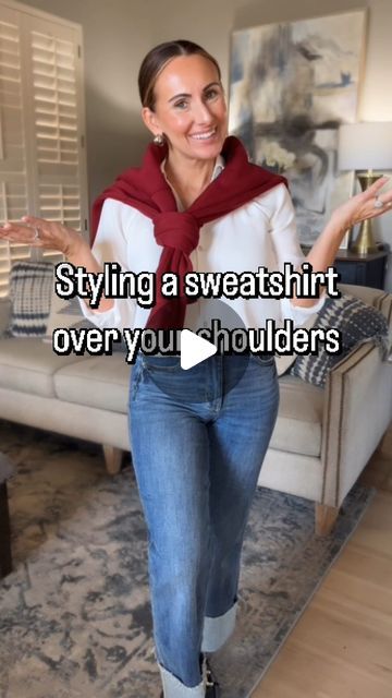 Amber Stricklin | fashion & anti-aging skincare on Instagram: "Trust me, friends. Draping a sweatshirt over your shoulders can look really sloppy and clunky if you don’t drape it neatly!! 💋

Let me know if there’s anything else you need help styling!! I’ve got you, girl!

#styletips #styling #sweatshirt #fall24trends #fall24fashion #okcinfluencer #okcstyle #okcfashion #fashioninfluencer #fallfashion #style" Twist Back Sweater Outfit, Sweatshirt Over Shoulder Outfit, Sweater Draped Over Shoulders, Over Shoulder Sweater, Sweatshirt Tied Around Shoulders, Sweater Around Shoulders Outfit, How To Tie A Sweater Around Shoulders, How To Dress Up A Sweatshirt, How To Style A Sweatshirt