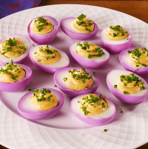 Mardi Gras Deviled Eggs - Delish.com Fancy Deviled Eggs, Mardi Gras Appetizers, Jalapeno Deviled Eggs, Thanksgiving Deviled Eggs, Shrimp Boil Foil, Devilled Eggs Recipe Best, Hard Boiled Egg Recipes, Deviled Eggs Recipe Classic, Best Deviled Eggs